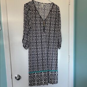 Tacera Black and White Patterned Dress with Turquoise Accent large L